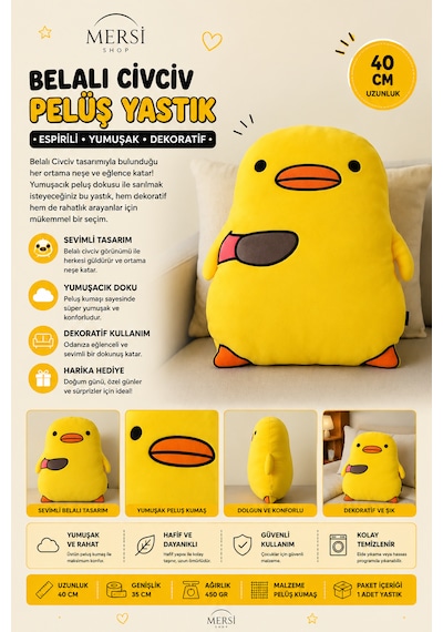 Belalı Civciv Tasarımlı Peluş Yastık 40 Cm Yumuşak Ve Eğlenceli Dekoratif Yastık Açık Sarı