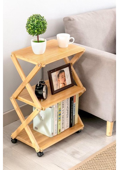 Digithome Bambu 3 Raflı Tekerlekli Sehpa Düzenleyici Raf Çok Amaçlı Organizer Db-0023 Kahverengi