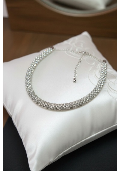 Valmont Accessories Kristal Taşlı 25+10 Cm Choker Işıltılı Şık Kadın Yuvarlak Boru Tasma Kolye Gümüş