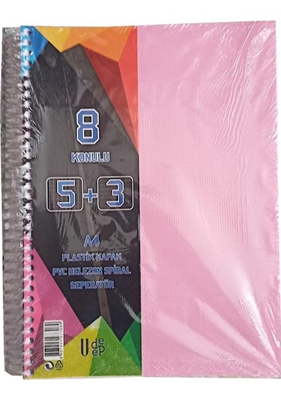 5+3 Ayraçlı Defter 8 Konulu 200 Yaprak 1 Adet 5 Kareli 3 Çizgili Spralli Plastik Kapak Seperatörlü Pembe
