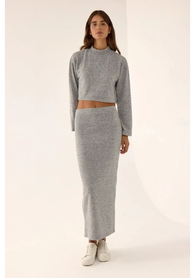 Hiccup Düşük Bel Örme Bodycon Maxi Etek Gri