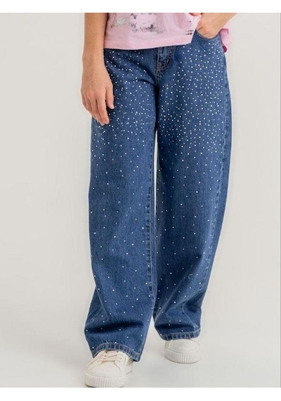 Zekids Kız Çocuk Bol Paça Taşlı Denim Pantolon-13901-mavi Mavi