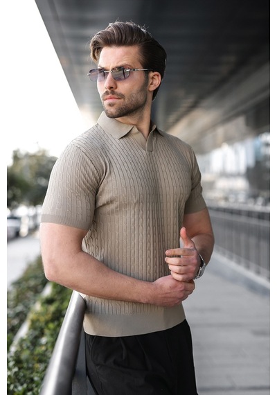 Madmext Vizon Slim Fit Polo Yaka Triko Erkek Tişört E7472 Vizon