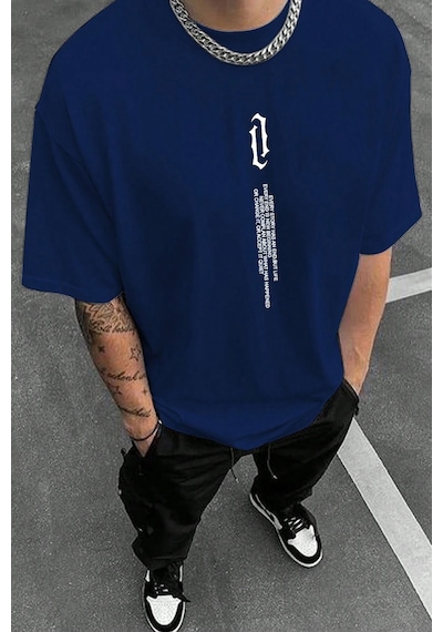 Unisex Aleman Rapero Baskılı T-shirt Lacivert