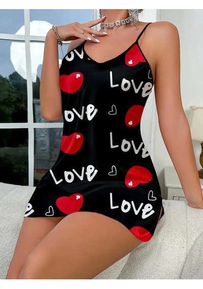 Love Desenli Siyah Saten Gecelik