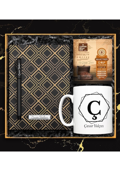 Kişiye Özel Tasarım Kupa & Gold Kare Desenli Defter & Roller Kalem & Pratik Filtre Kahve Hediye Seti
