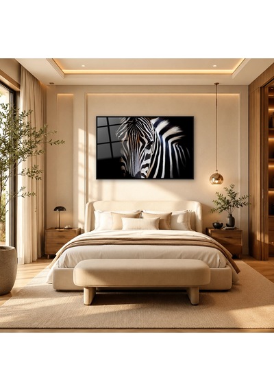 Karanlıkta Zebra Yakın Plan Siyah Çerçeveli Cam Tablo