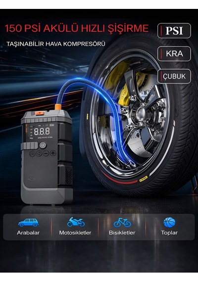 12000mah 12000a 150 Psı Akü Takviyeli Oto Bisiklet Motosiklet Hava Kompresörü Lastik Şişirme Pompası Siyah - Abs+