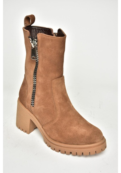 Fox Shoes T654095802 Taba Hakiki Süet Kalın Topuklu Kadın Bot Taba-Süet Taba
