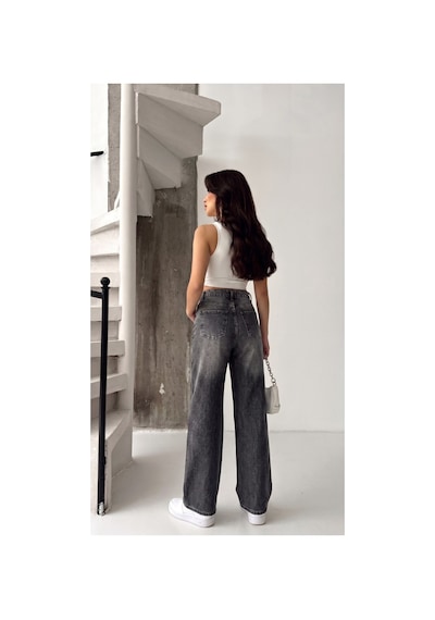 Kene Jeans Kemer Taş Detaylı Kar Siyah İşlemli Straight Jean Siyah