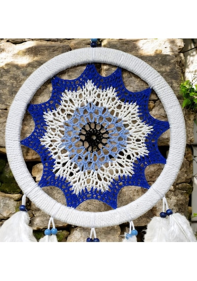 Saks Mavisi Nazar Motifli Kuş Tüylü Duvar Süsü