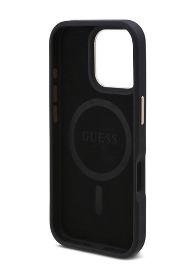 Apple Uyumlu iPhone 16 Pro Kılıf Guess Lisanslı Magsafe Özellikli 4g Desenli Pu Metal Klasik Logolu Siyah
