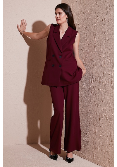 Lela Wide Leg Orta Yüksek Bel Bol Paça Kumaş Bayan Pantolon 6522974 Bordo