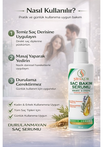 Şifakür Biberiye Ginseng Kafein Vitamin B3 Biyotin Keratin Saç Bakım Serumu 100 ML