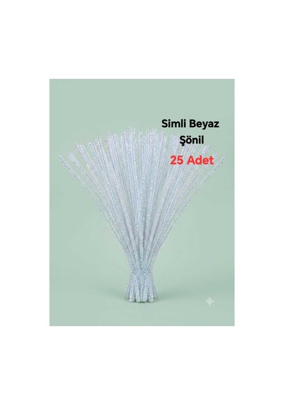 25 Adet Simli Beyaz Şönil ,çiçek Yapımına Uygun Tüylü Tel, 30 Cm