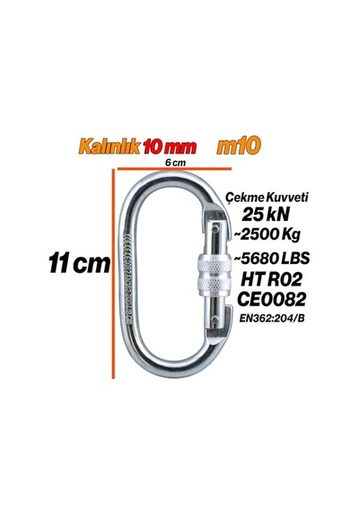 Oval Kilitli Karabina 10 Mm Kanca Paslanmaz Çelik Kilit Tırmanma Kamp Ekipman Tırmanış İp Askı Kilid