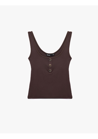 Koton Viskon Kumaş Slim Fit Düğmeli Henley Yaka Atlet Bluz Kahverengi 7wak10039ek Kahve