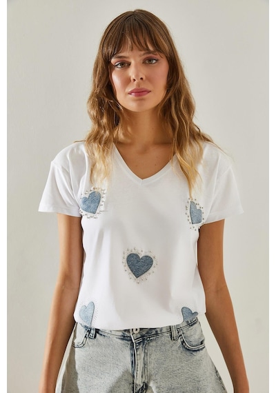 Shade Kadın V Yaka Yaka Kot Kalp Detaylı Taşlı T-shirt 60251412 - Beyaz
