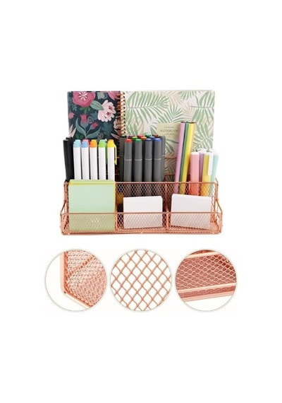 Rose Gold Metal Mesh Masaüstü Organizer Çok Bölmeli 27x14x11 Cm Genel