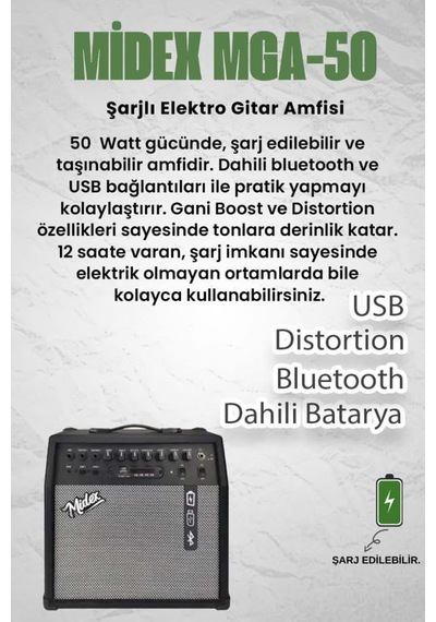 Karın Bölgesix Mga-50usb-bt Elektro Gitar Amfisi 50 Watt Usb Bluetooth Şarjlı 4 Girişli