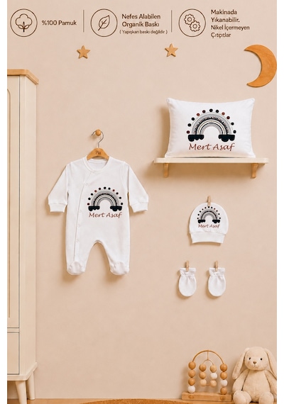 Pia Baby İsme Özel Erkek Bebek Tulum %100 Pamuk Organik Baskılı İsimli Bebek Tulumu 35x45 Cm Yastık Kılıfı Bebek Hediye Seti 1086ytyx Krem
