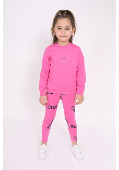 Toontoy Kız Çocuk 2'li Takım Baskılı Bisiklet Yaka Düşük Omuz Cepli Sweatshirt & Basic Düz Tayt Fuşya