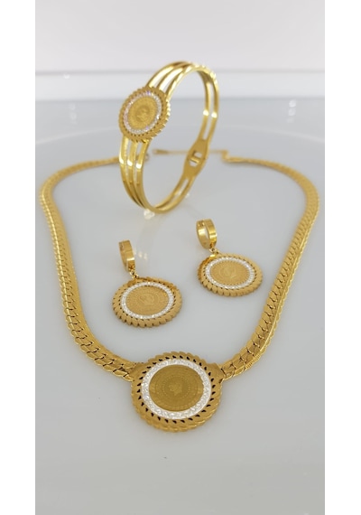 Gerdanlıklı Atatürk Gold Çelik Takı Seti Gümüş - Rose Gold
