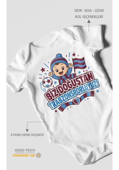 Morivokids Biz Doğuştan Trabzonsporluyum Kısa Kollu Bebek Body %100 Pamuk Beyaz