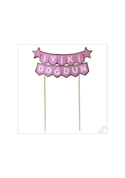 İyi Ki Doğdun Pasta Üstü Banner, Pembe Ve Altın Renk, 18x7 Cm Açık Bej