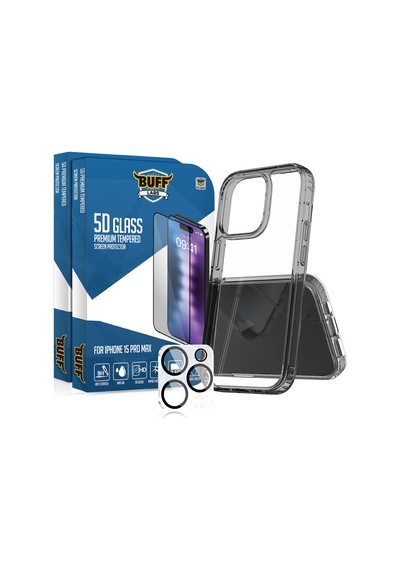 Buff Apple iPhone Uyumlu 15 Pro Max  Paket - 2x5d Ekran Koruyucu + Siyah Kılıf + Lens Koruyucu Glass Şeffaf