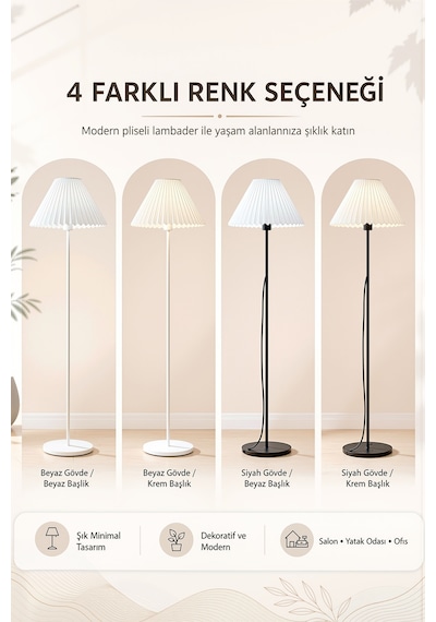 Beyaz Metal Ayaklı Lambader Kumaş Krem Umbrella Başlık 150 Cm Şık Modern Lam09