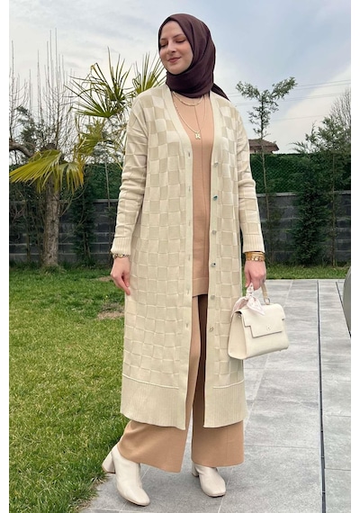 Rabia Şamlı Dama Desenli Taş Triko Hırka Çok Renkli