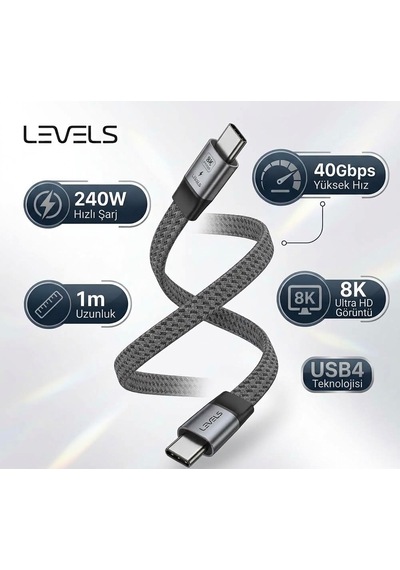 Levels Usb4 Type-c Kablo 240w Hızlı Şarj & 40gbps Veri Transferi 8k 60hz Uhd 1m Flat Kablo 100cm