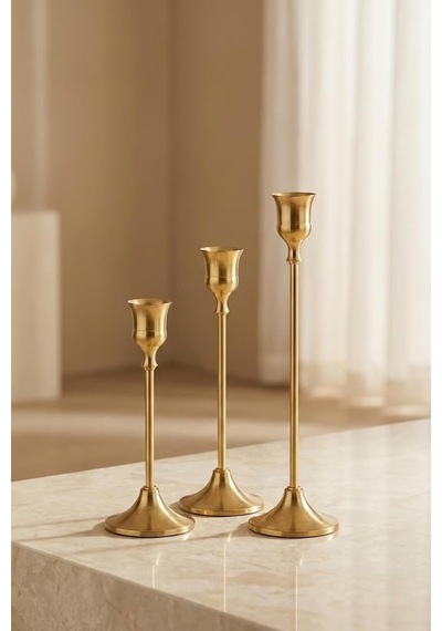 Vintage Metal Şamdan 3'lü Set, Altın Renk, Paslanmaz Çelik, Çizilmeye Dayanıklı, Dekoratif Mumluk, Minimalist Tem Çok Renkli