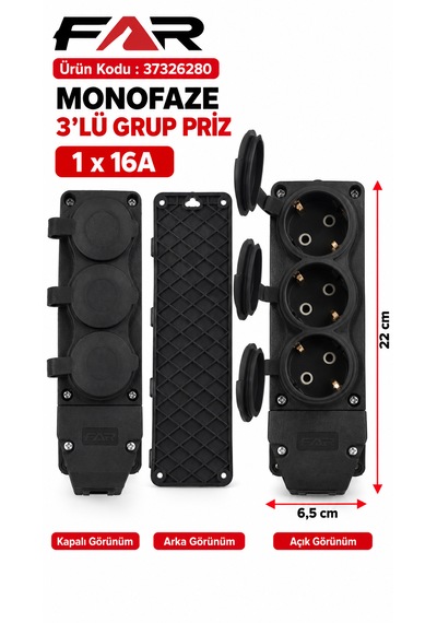 Far Monofaze 3'lü Grup Priz 1x16 Kauçuk Priz Sert Plastik Ürün Kodu :37326280