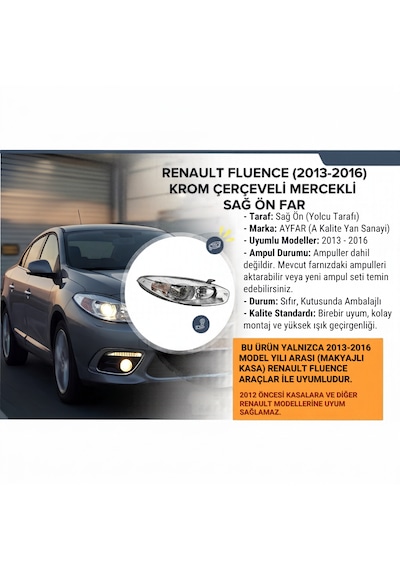 Renault Fluence 2013-2016 Krom Çerçeveli Mercekli Sağ Far