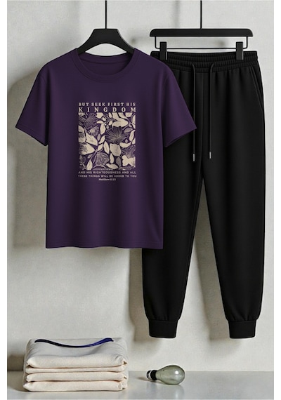 Uyguntarz Unisex But Seek First His Kingdom Tasarım Baskılı Tişört - 2'li Eşofman Takımı Mor
