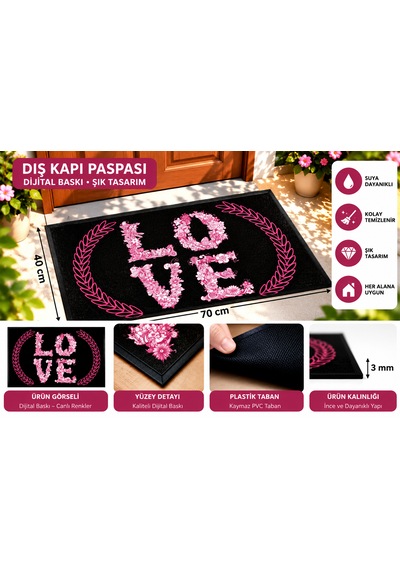 40x70 Cm Dekoratif Kapı Önü Paspası Dijital Baskılı, Kaymaz Pvc Tabanlı, İnce Ve Şık Tasarımlı İç Dış Kapı Paspası Siyah Beyaz