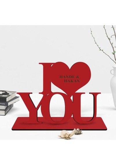 Kişiye Özel I Love You Ahşap Kırmızı Masaüstü Biblo