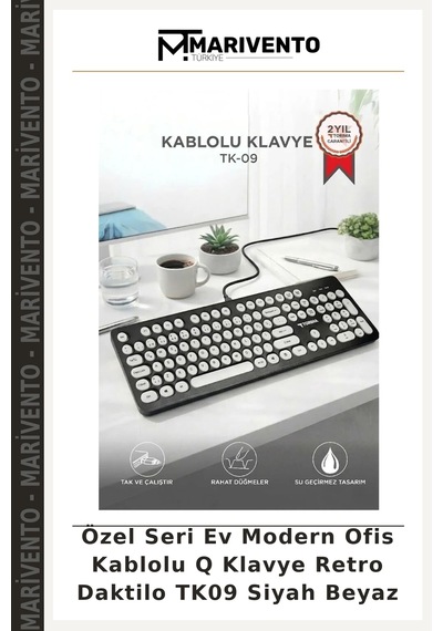 Özel Seri Ev Modern Ofis Kablolu Q Klavye Retro Daktilo Tk09 Siyah Beyaz