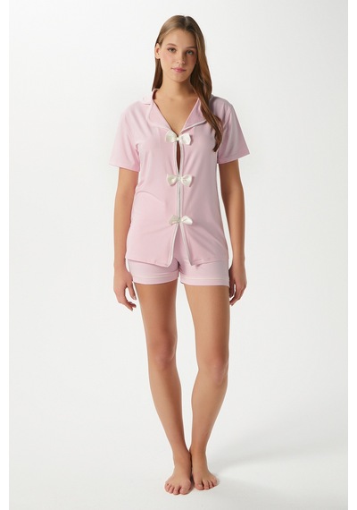 Ritnice Kadın Violet Pembe Şortlu Fiyonklu Alt Üst Pijama Takımı