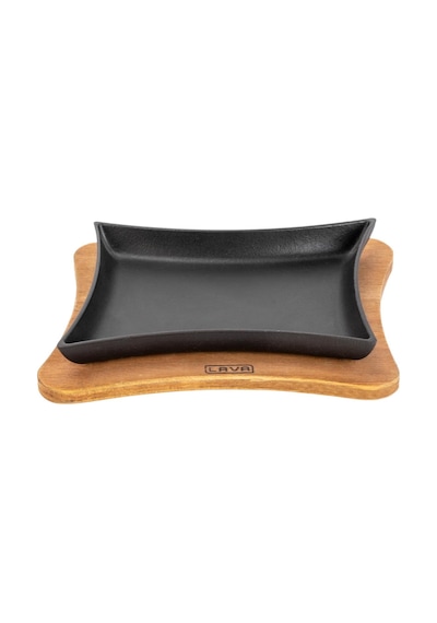 Lava Döküm Dikdörtgen Servis Tabağı Ve Ahşap Altlığı. Ölçü 13x17cm.