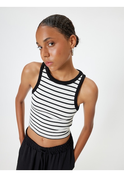 Koton Crop Üst Kolsuz Slim Fit Bisiklet Yaka Ekru Çizgili 4sal30313ık