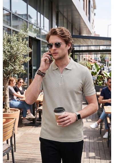 Buratti Pamuklu Regular Fit Fermuarlı Erkek Polo Yaka T Shirt 5902434 Taş