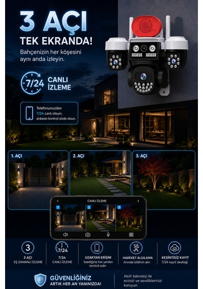 3 Kameralı Wifi Adaptörlü 12mp Hareket Algılamalı Gece Görüşlü Güvenlik Kamerası
