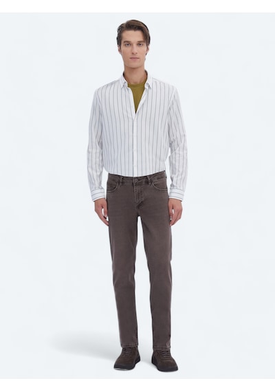 Kip Kahverengi Düz Slim Fit Denim Pamuk Karışımlı Pantolon