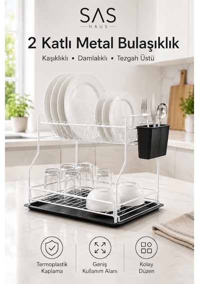 Sas Haus   2 Katlı Metal Bulaşıklık Kaşıklıklı Ve Damlalıklı Tezgâh Üstü Bulaşık Kurutmalık Dtb-02 Beyaz