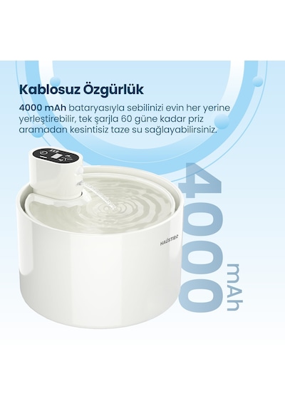 Haustier Wf03 Otomatik Kablosuz Kedi Su Pınarı, Sensörlü , Bataryalı , Ultra Sessiz, Seramik, 2,3lt Hazne