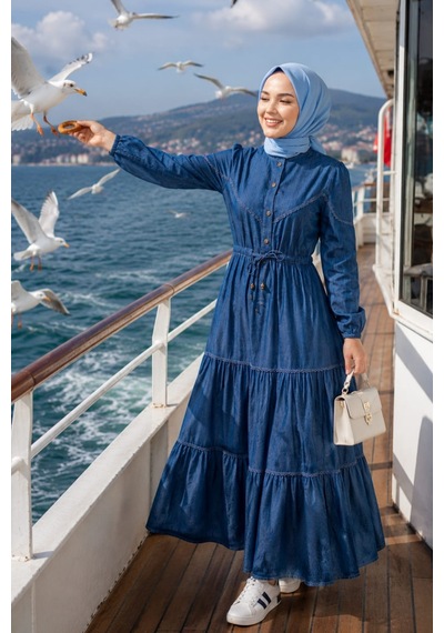 Hb Harma Time Butik Kadın Dantel Detaylı Düğmeli Ve Bağcıklı Kot Koyu Mavi Elbise