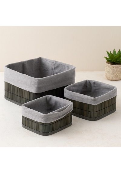 Kare Bambu Kenarlı Organizer Sepet - Bezli Ahşap Taban 3 Boy, 17x21x25 Cm Çr